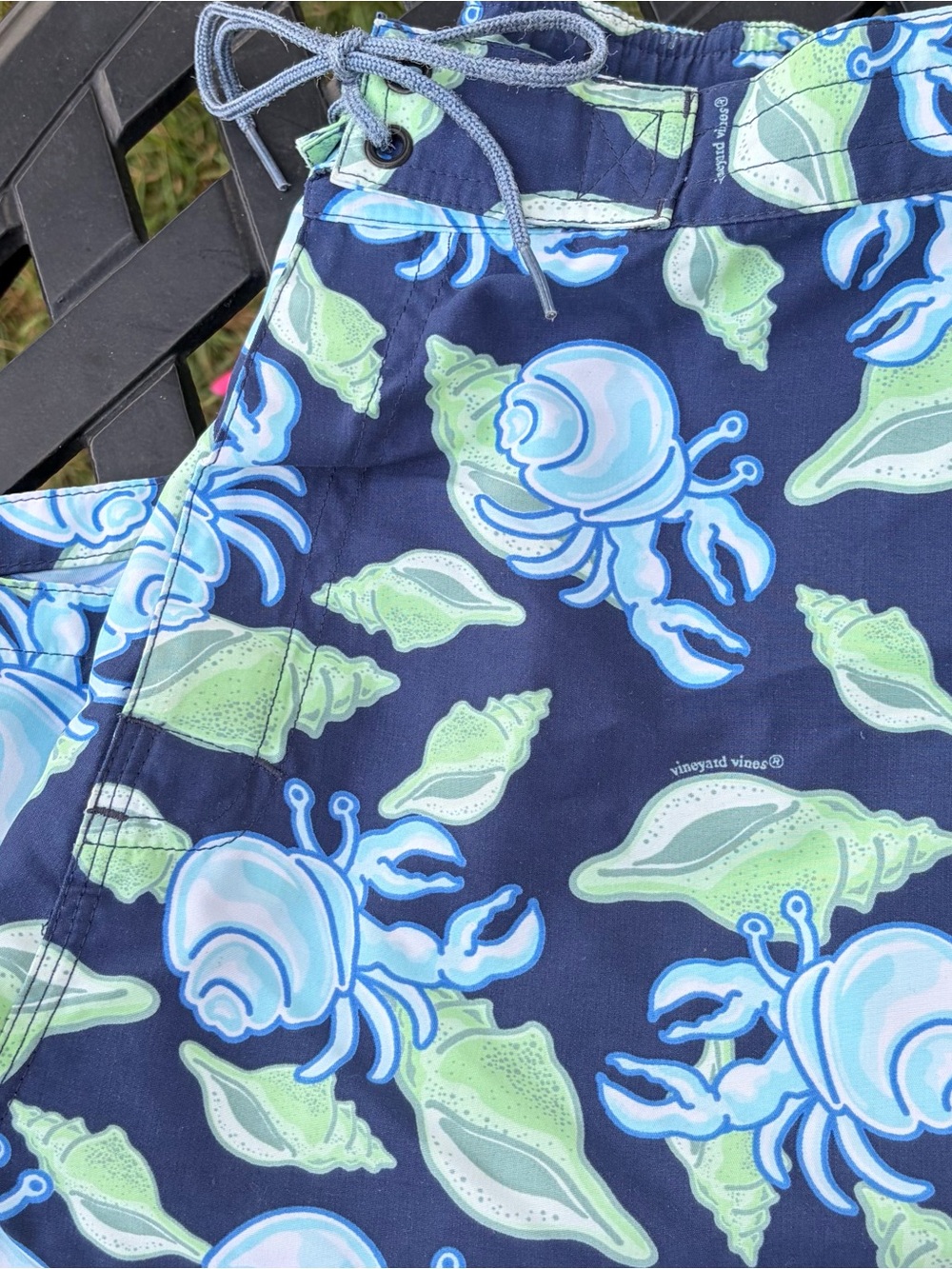 Vineyard Vines Navy Blue Swim Shorts with Light Blue & Seafoam Shell Print
